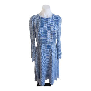 L.K. Bennett London Size 6 Abbie Shift Dress Blue White Crew Neck Long Sleeves